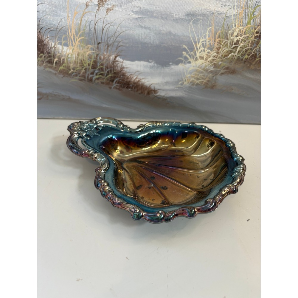 International Silverplate Shell Trinket Dish Iridescent Rainbow Tarnish Vintage